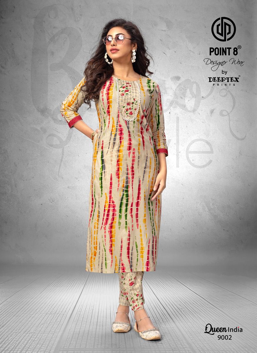 Deeptex Queen India Vol-9 Wholesale Cotton Printed And Embroidery Tie Kurti With Pants