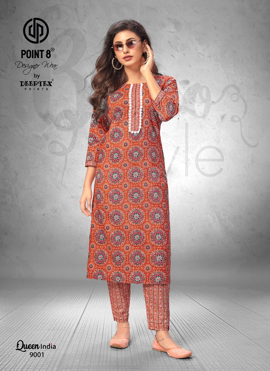 Deeptex Queen India Vol-9 Wholesale Cotton Printed And Embroidery Tie Kurti With Pants