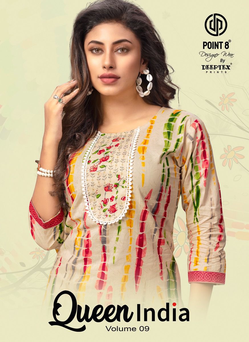 Deeptex Queen India Vol-9 Wholesale Cotton Printed And Embroidery Tie Kurti With Pants