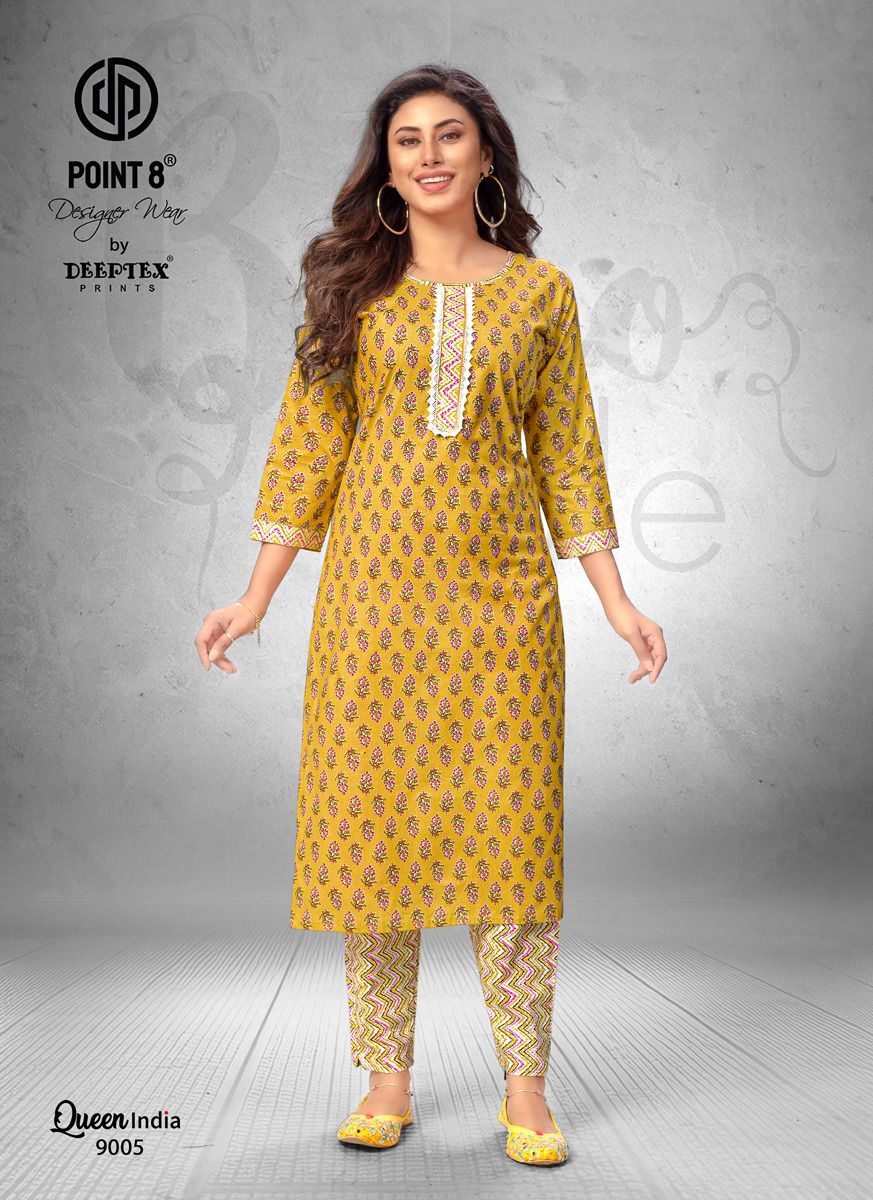 Deeptex Queen India Vol-9 Wholesale Cotton Printed And Embroidery Tie Kurti With Pants