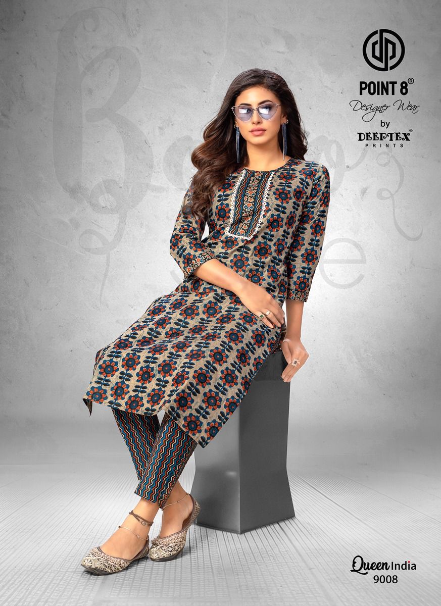Deeptex Queen India Vol-9 Wholesale Cotton Printed And Embroidery Tie Kurti With Pants