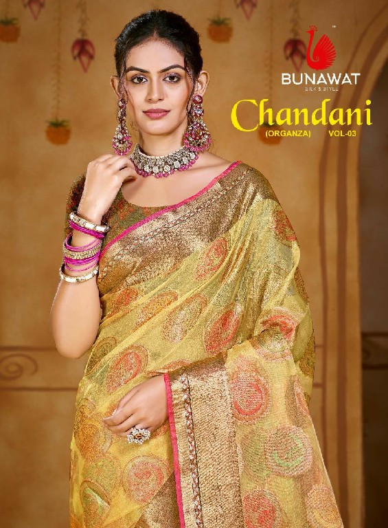 bunawat chandani Vol-3 festival wear organza fabric with fancy lace work wholsale sarees