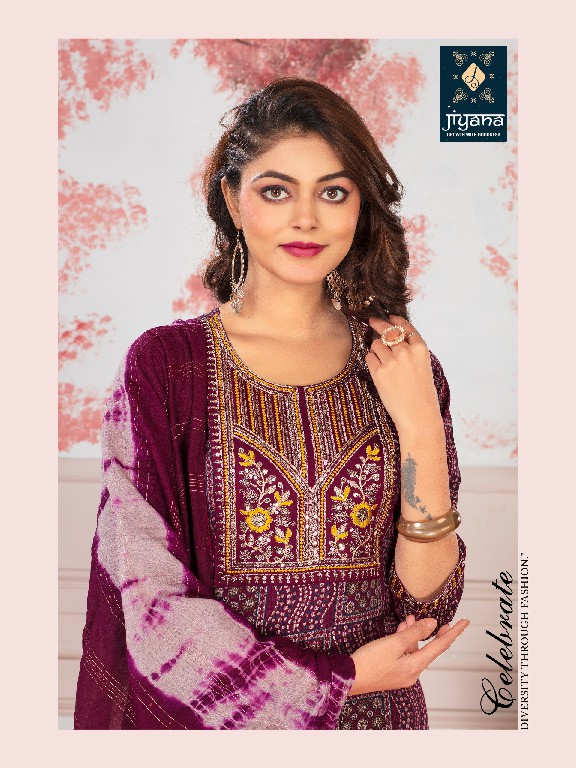 mayuri by jiyana embroidery work foil print rayon readymade suits