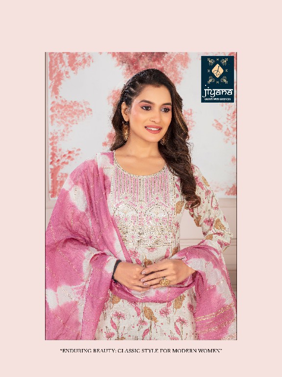 mayuri by jiyana embroidery work foil print rayon readymade suits