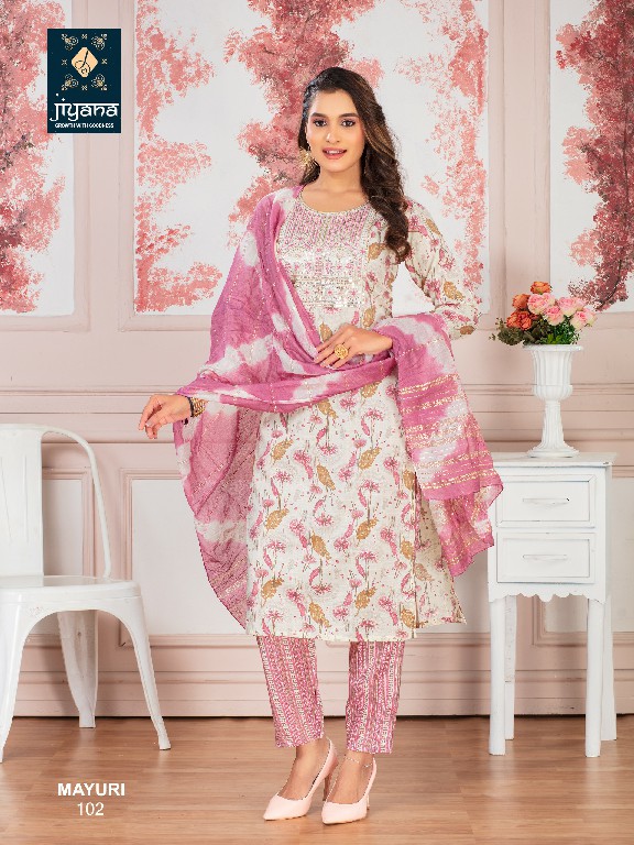 mayuri by jiyana embroidery work foil print rayon readymade suits