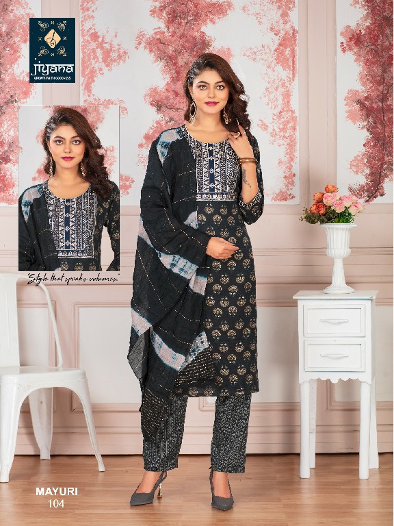 mayuri by jiyana embroidery work foil print rayon readymade suits