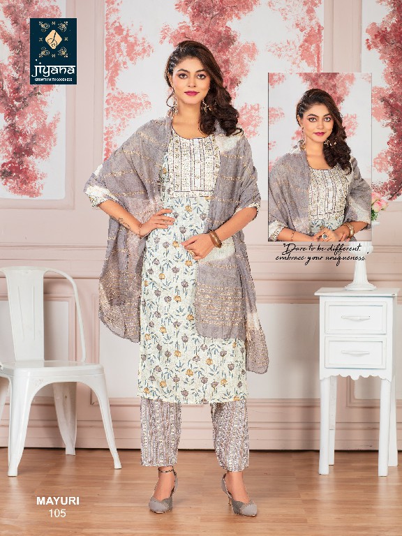 mayuri by jiyana embroidery work foil print rayon readymade suits