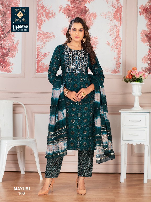 mayuri by jiyana embroidery work foil print rayon readymade suits