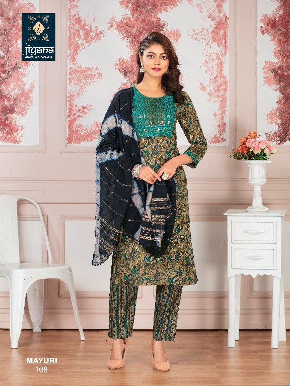 mayuri by jiyana embroidery work foil print rayon readymade suits