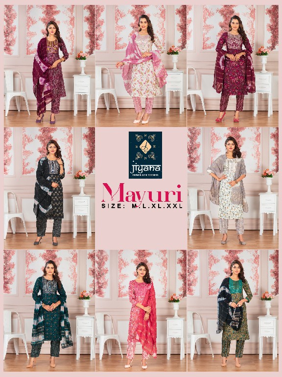 mayuri by jiyana embroidery work foil print rayon readymade suits