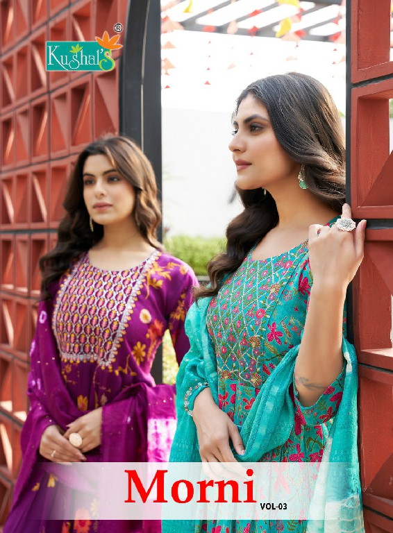 Kushals Morni Vol-3 Wholesale Rinkle Fabrics Naira Cut Kurtis With Pant And Dupatta