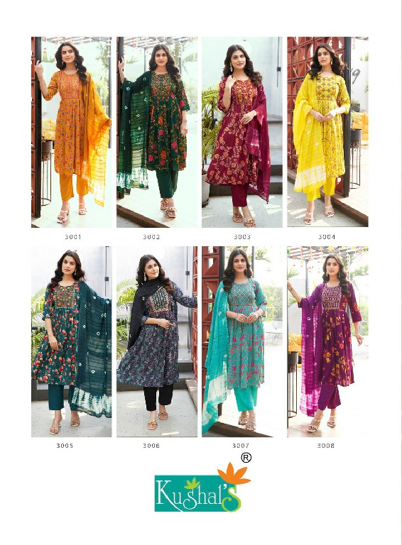 Kushals Morni Vol-3 Wholesale Rinkle Fabrics Naira Cut Kurtis With Pant And Dupatta