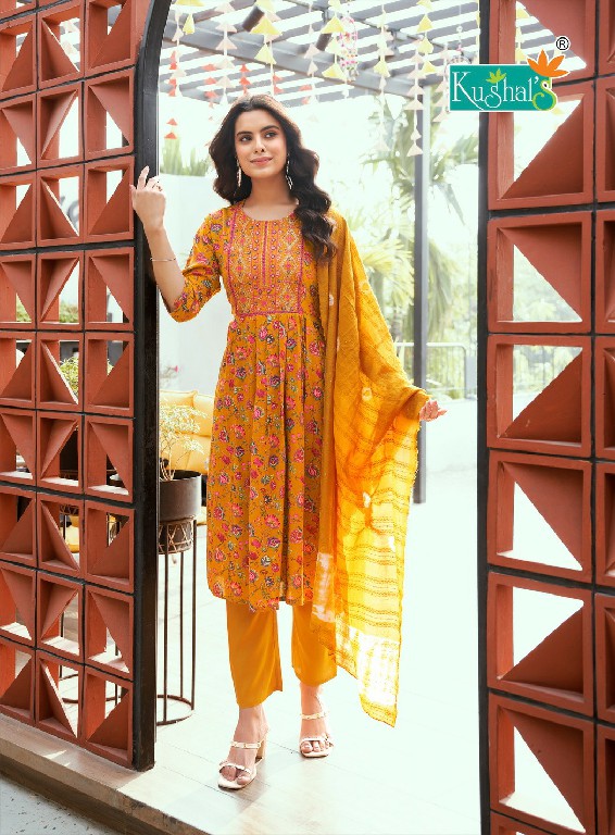 Kushals Morni Vol-3 Wholesale Rinkle Fabrics Naira Cut Kurtis With Pant And Dupatta