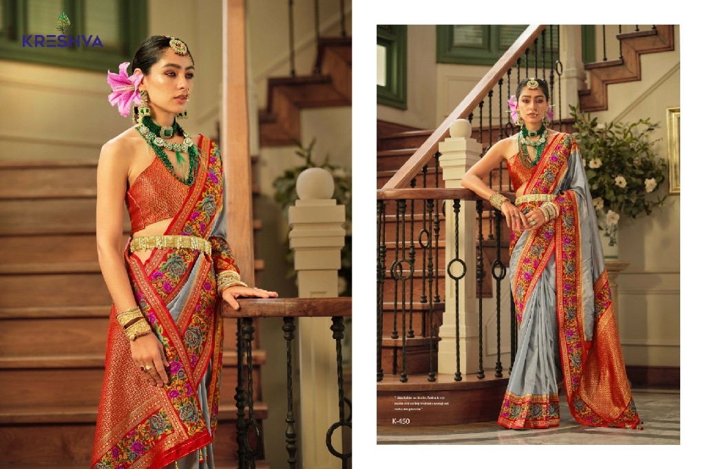 kreshva presents amaya banarasi silk party wear saree with blouse