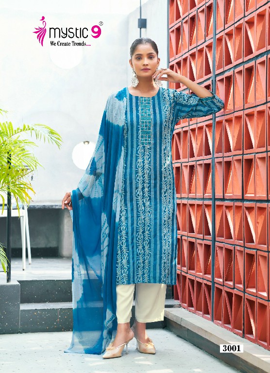 Mystic 9 NIsha Vol-3 Wholesale Rayon Straight Cut Kurti With Pant And Dupatta