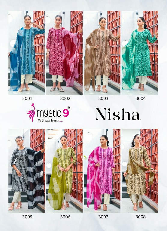 Mystic 9 NIsha Vol-3 Wholesale Rayon Straight Cut Kurti With Pant And Dupatta