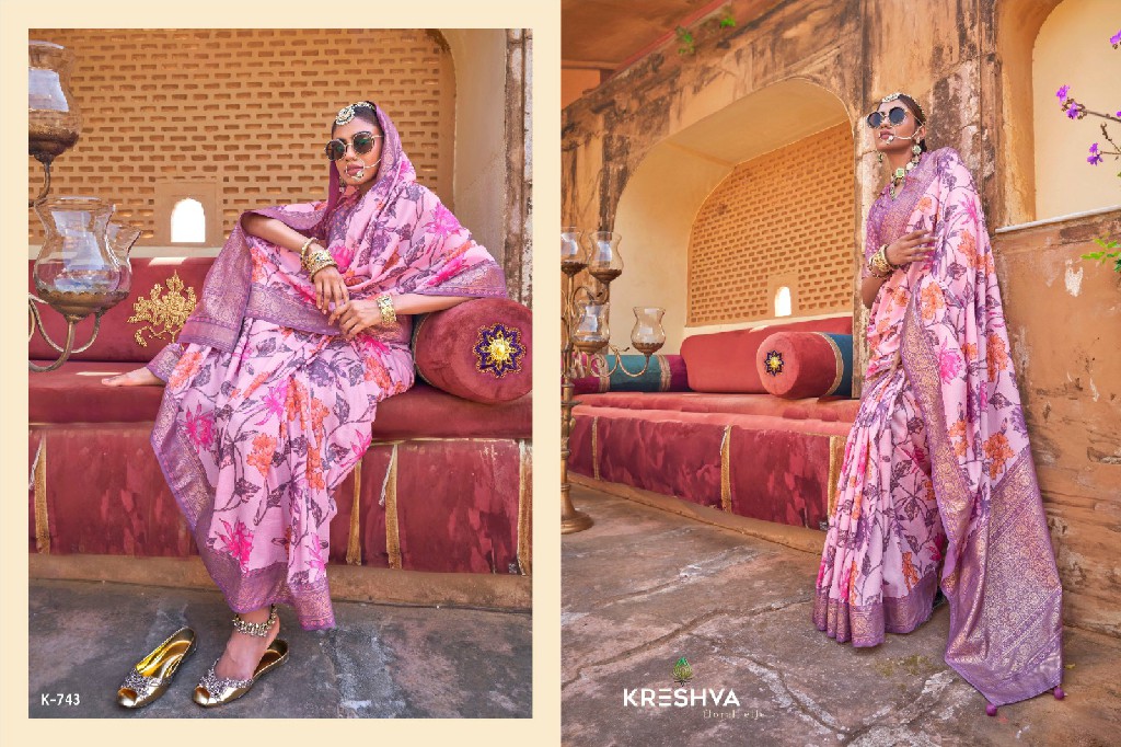 kreshva dev bhumi super silk smart floral print party wear elegant saree