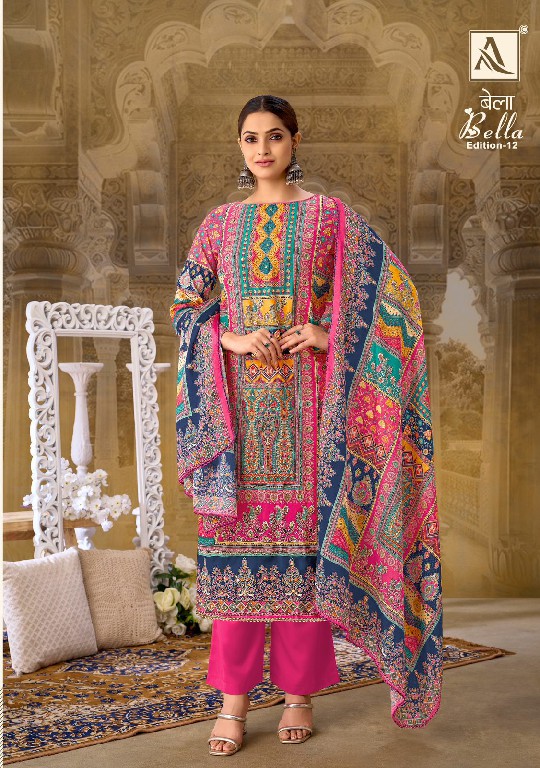 alok suit present bella vol 12 digital printed muslin salwar kameez for womens