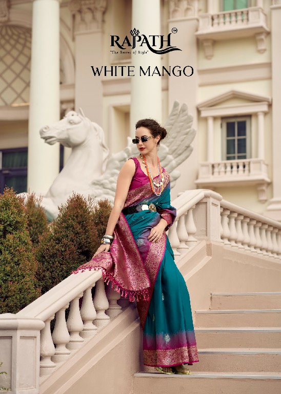 rajpath launch white mango silk with contras border festive wear ethnic saree