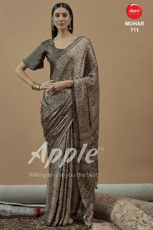 apple mohar vol 7 japan satin ajrakh fancy printed womens saree