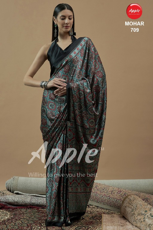 apple mohar vol 7 japan satin ajrakh fancy printed womens saree