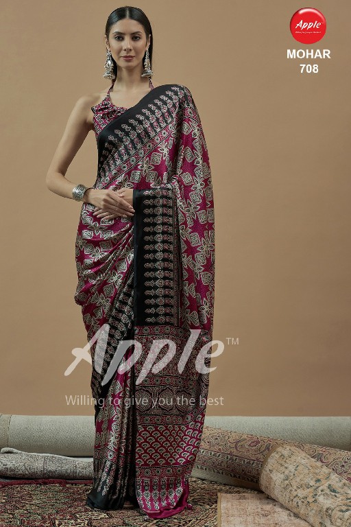 apple mohar vol 7 japan satin ajrakh fancy printed womens saree