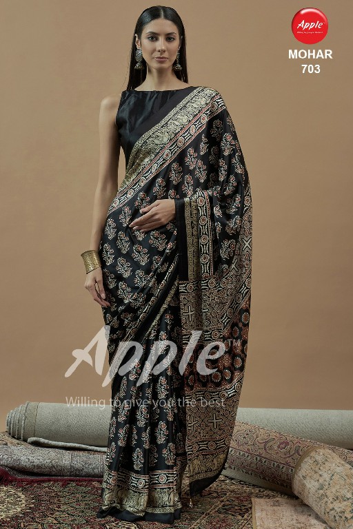 apple mohar vol 7 japan satin ajrakh fancy printed womens saree