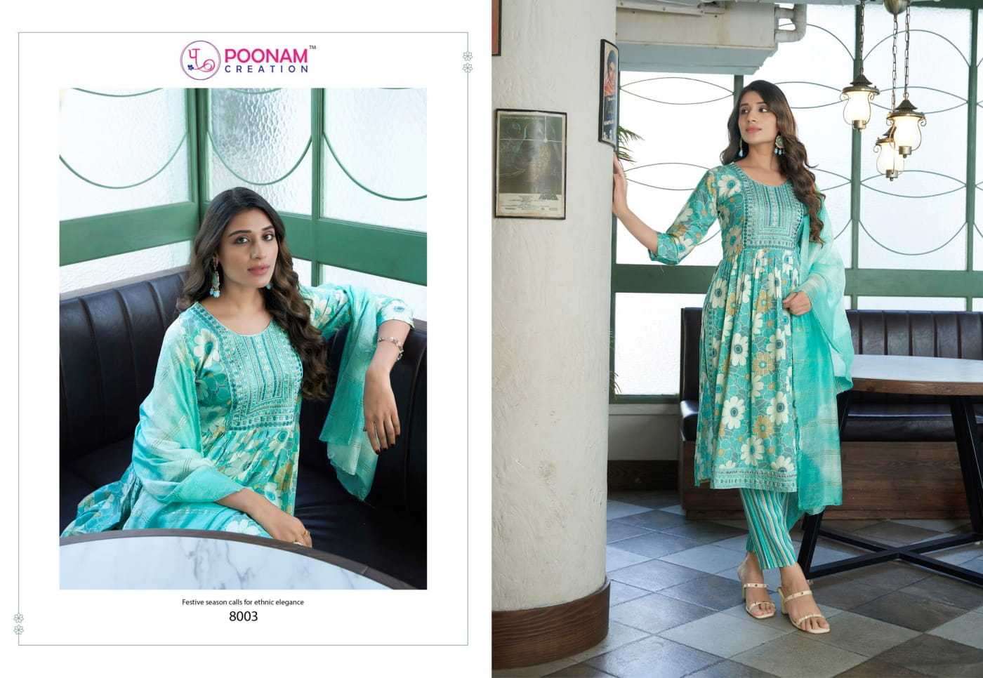 swaara vol 8 by poonam creation capsule foil fullstitch attractive 3pcs dress