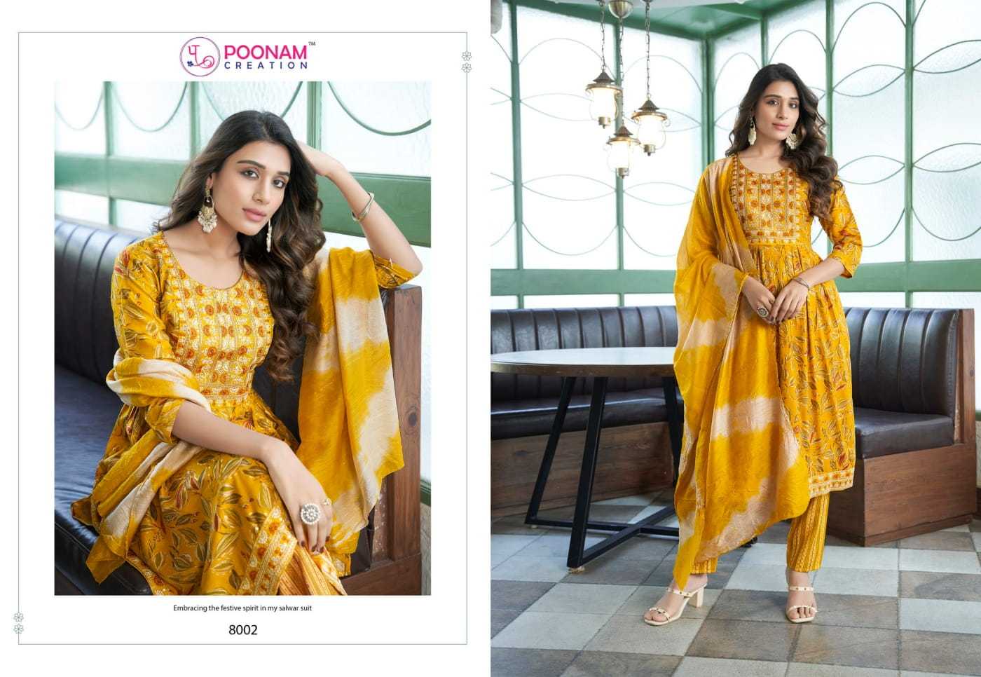 swaara vol 8 by poonam creation capsule foil fullstitch attractive 3pcs dress