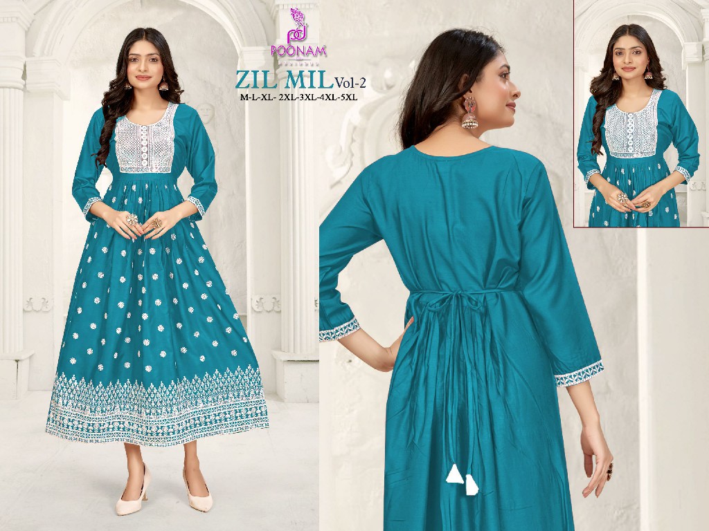 poonam designer zil mil vol 2 readymade big size rayon kurti type designer gown