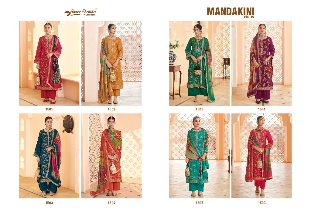 mandakini vol 15 by shree shalika viscose dola jacquard shop trendy unstitch suits