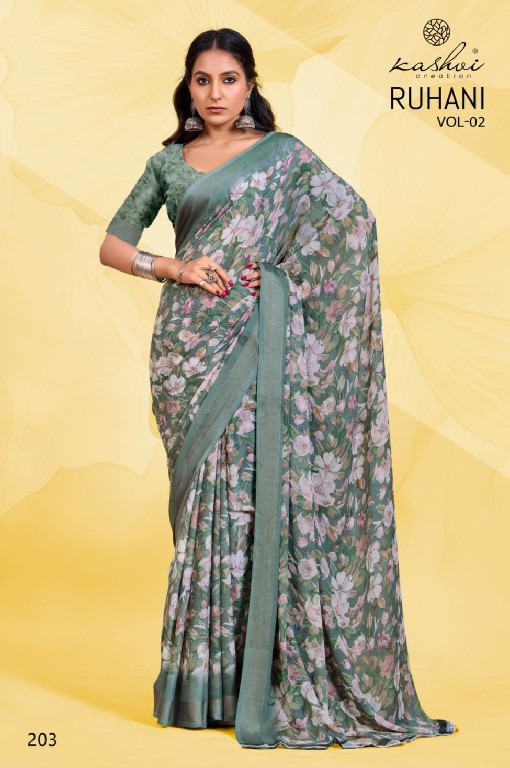 kashvi creation ruhani vol 2 dull moss satin print ethnic wear saree