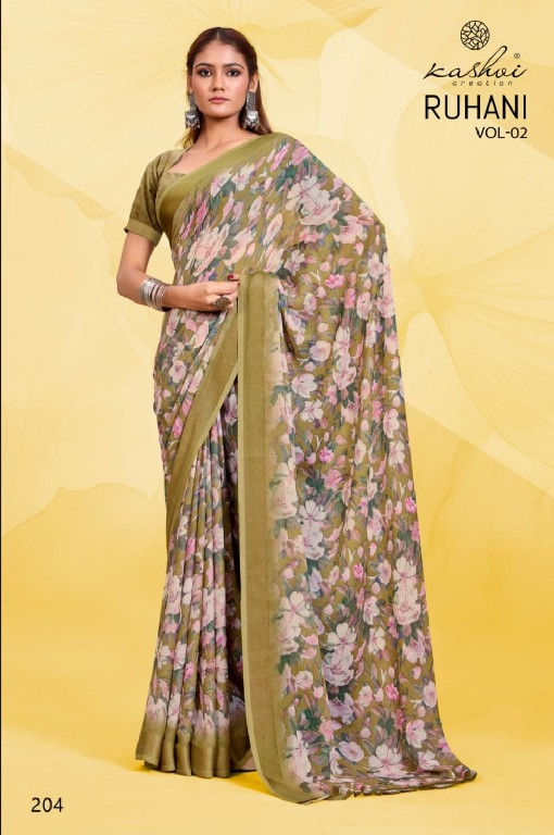 kashvi creation ruhani vol 2 dull moss satin print ethnic wear saree