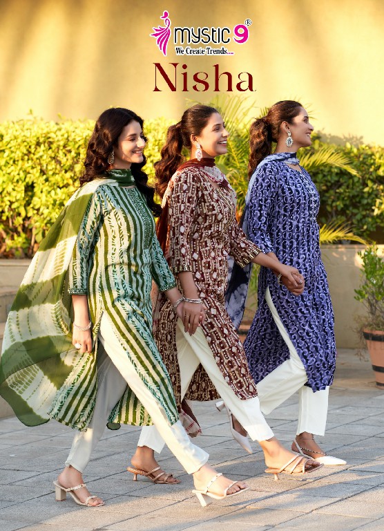 Mystic 9 NIsha Vol-4 Wholesale Rayon Straight Cut Kurti With Pant And Dupatta