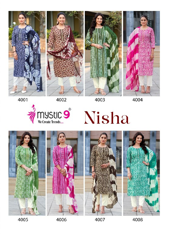 Mystic 9 NIsha Vol-4 Wholesale Rayon Straight Cut Kurti With Pant And Dupatta