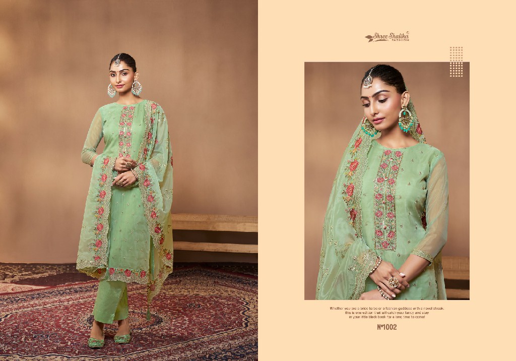 shree shalika presents sabina stylish look organza suit material for women