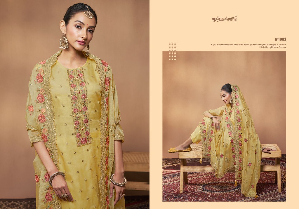 shree shalika presents sabina stylish look organza suit material for women