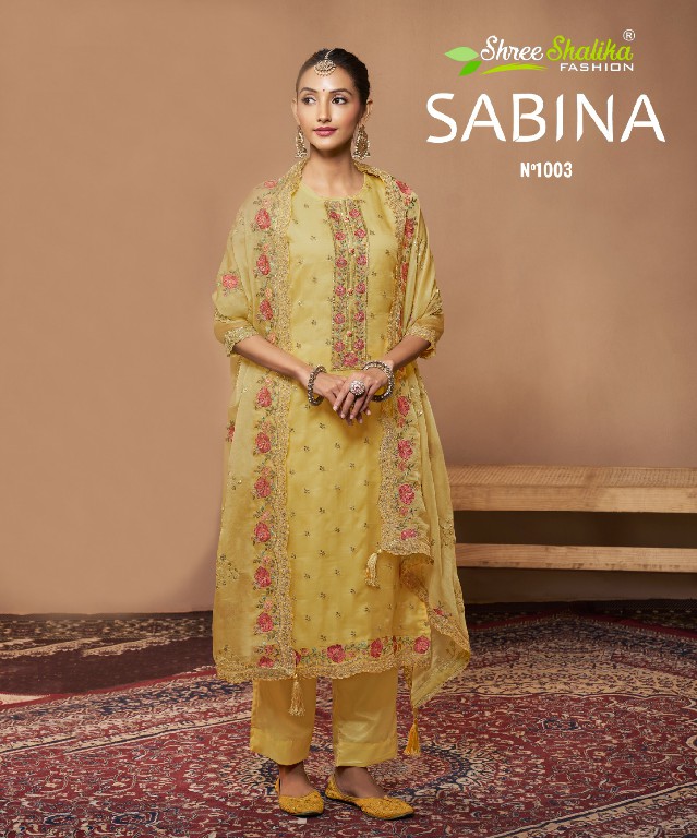 shree shalika presents sabina stylish look organza suit material for women