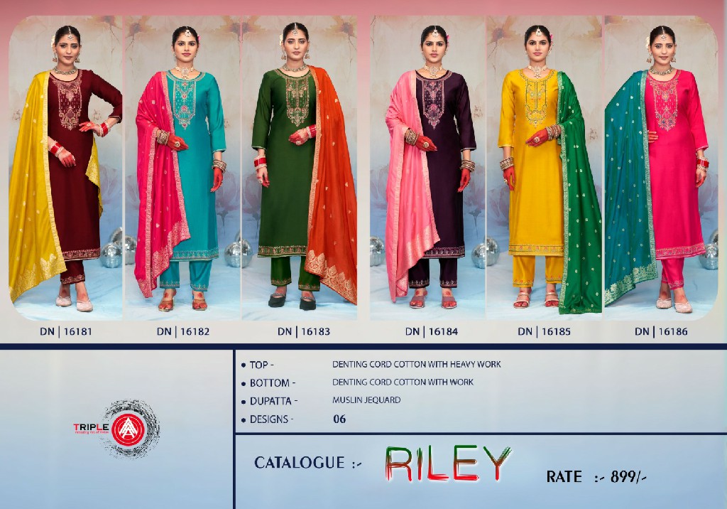 riley vol 1 by triple Aaa cotton elegant style unstitch salwar suit set exports