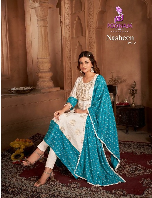 nasheen vol 2 by poonam designer fashionable design big size rayon gown with dupatta