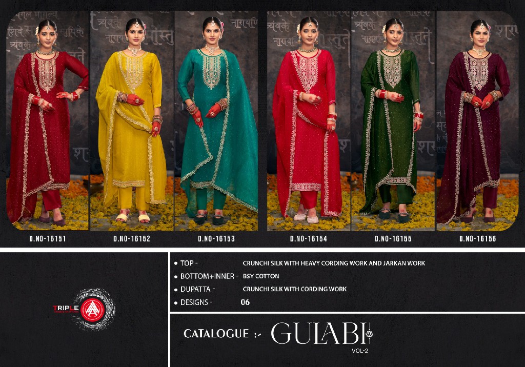 Triple AAA Gulabi Vol-2 Wholesale Crunchi Silk With Cording Work Dress Material