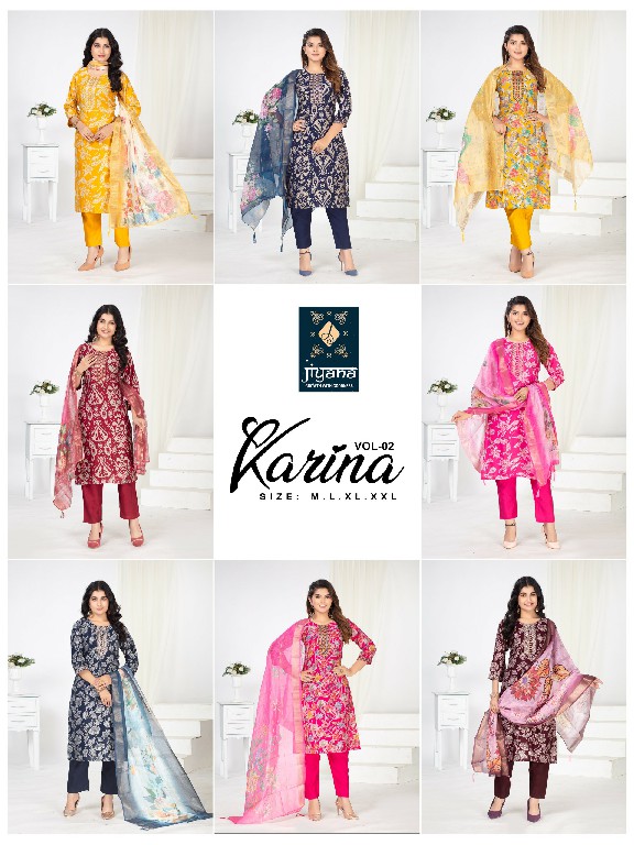 Jiyana Karina Vol-2 Wholesale Vertican Foil Print Top With Pant And Dupatta