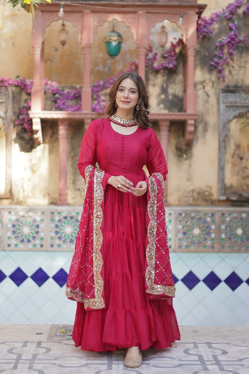Desirable Women's Fully Flair Gown Made With Star Georgette Fabrics and Designer Embroidered Dupatta