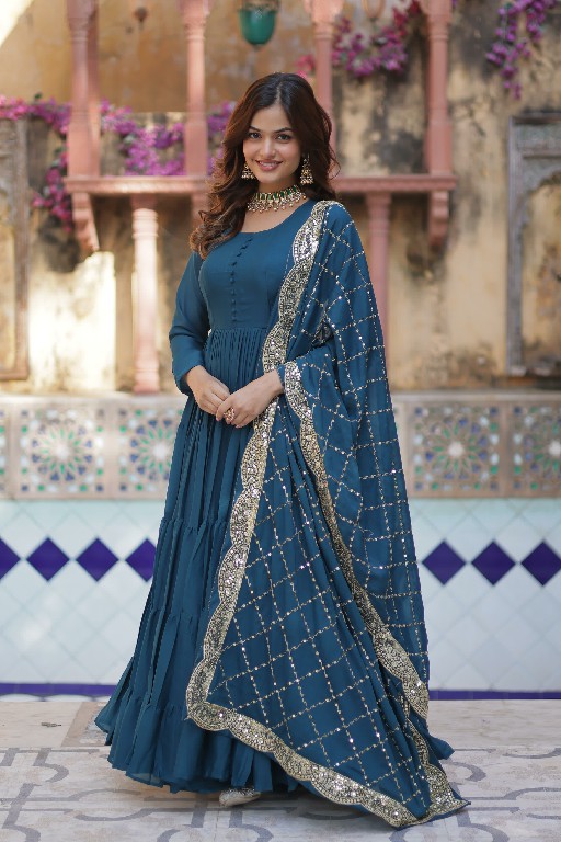 Desirable Women's Fully Flair Gown Made With Star Georgette Fabrics and Designer Embroidered Dupatta