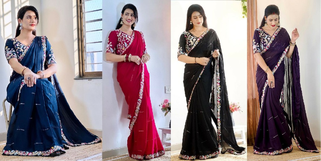 BT-3107 WHOLESALE TRENDING DESIGNER HEAVY EMBRODERY WORK WITH FULLY STICH BLOUSE SAREE