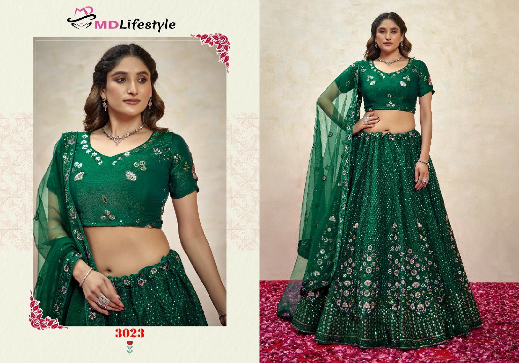 MD Lifestyle Hirwa Vol-3 Wholesale Exclusive Embroidered Semi Stitched Net Lehenga Choli Collection