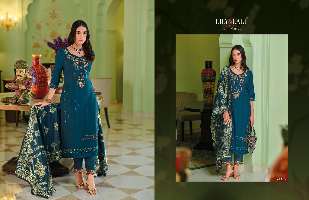 Lily And Lali Hasmeena Vol-5 Wholesale Hand Work On Viscose Kurti With Pant And Dupatta