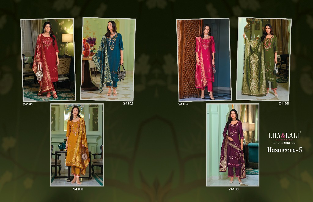Lily And Lali Hasmeena Vol-5 Wholesale Hand Work On Viscose Kurti With Pant And Dupatta