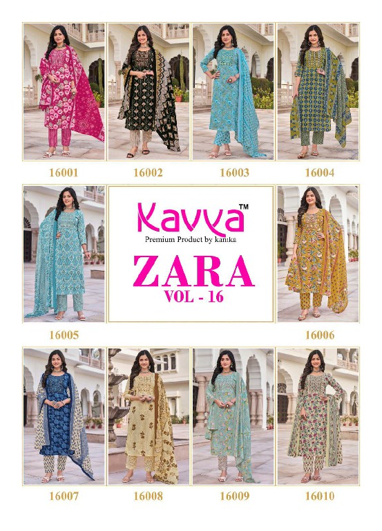 Kavya Zara Vol-16 Wholesale Readymade Pure Cambric Cotton Top With Pants And Dupatta