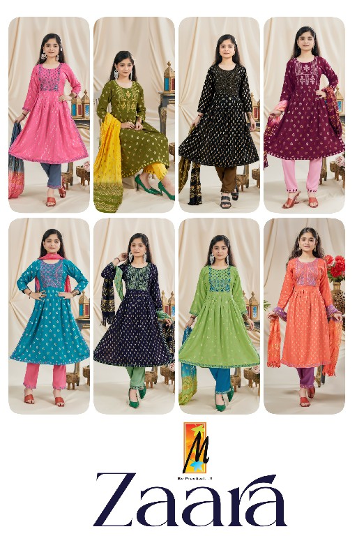 zaara by master rayon fully stitch embroidery work kids wear 3pcs dress